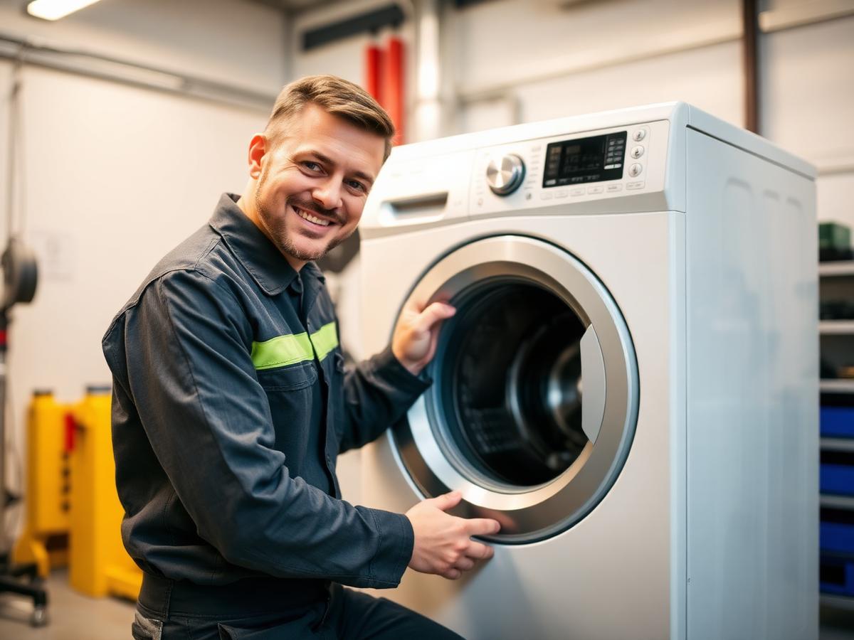 Servisní technik při opravě pračky